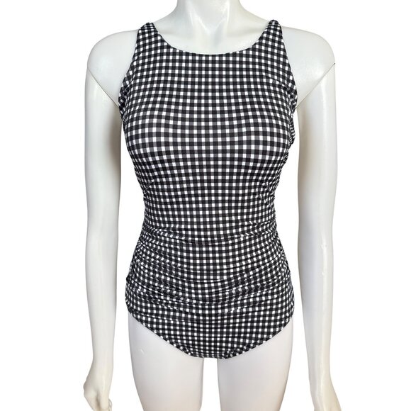 Talbots Miraclesuit black white checkered lightly padded one piece swimsuit 12